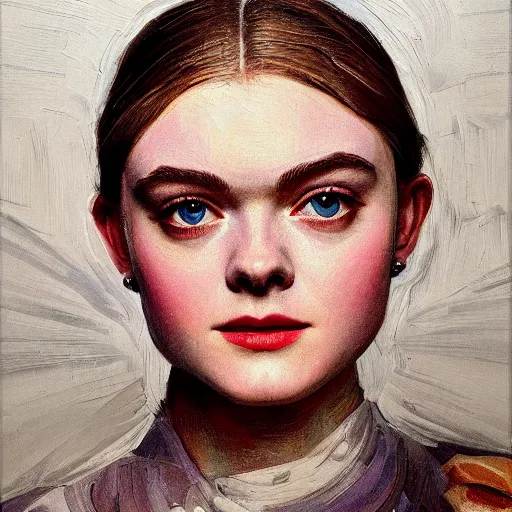 Prompt: professional painting of Elle Fanning in the style of Jacek Malczewski, head and shoulders portrait, symmetrical facial features, smooth, sharp focus, illustration, intricate, stormy weather, extremely detailed masterpiece,