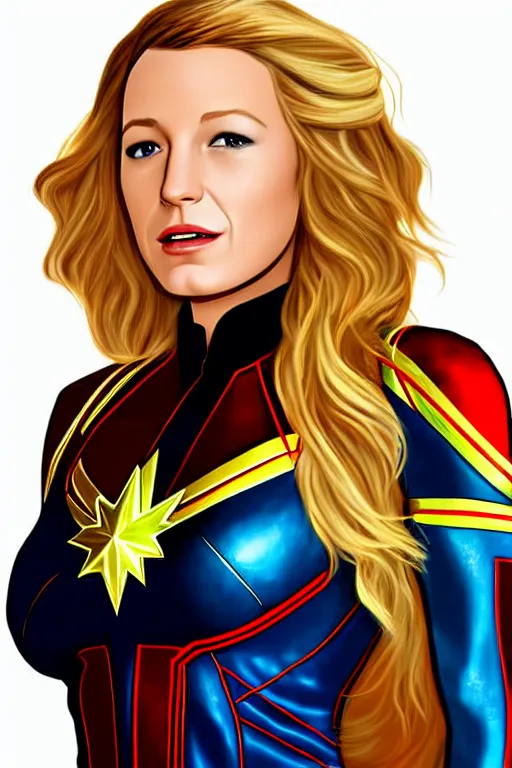 Image similar to Blake Lively as Captain Marvel high quality digital painting in the style of James Jean