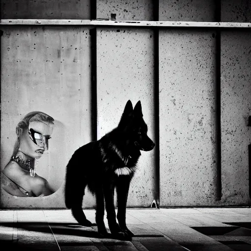 Image similar to fashion photography of a model with the head of a german shepherd, wearing futuristic hip - hop fashion, inside berghain, futuristic fashion, photo 3 5 mm leica, hyperdetail, 8 k, very detailed, black and white