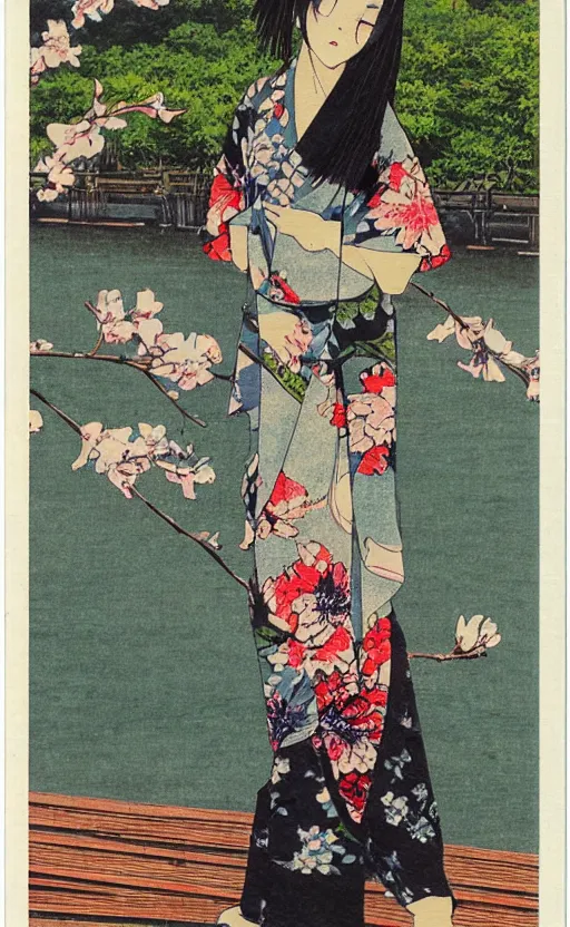 Image similar to by akio watanabe, manga art, a girl playing on wooden lake bridge and iris flowers, trading card front, kimono, realistic anatomy