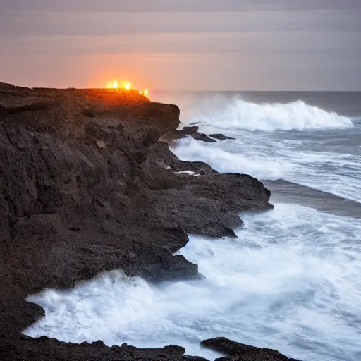 Prompt: late night over a lonely rocky coast.. crashing breakers. late night light