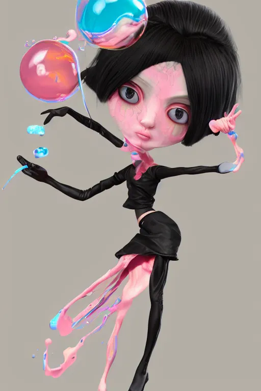 Prompt: epic 3 d abstract emo girl, spinning hands and feet, 1 2 mm, with black and pastel pink peanut butter melting smoothly into asymmetrical bubbles, liquid, delicate, beautiful, intricate, houdini sidefx, trending on artstation, by greg rutkowski and ilya kuvshinov, jamie hewlett and ayami kojima