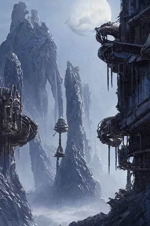 Image similar to epic concept art matte painting by weta digital, towering abandoned alien superstructure, frozen exoplanet with two moons, george lucas, mohrbacher, cgisociety