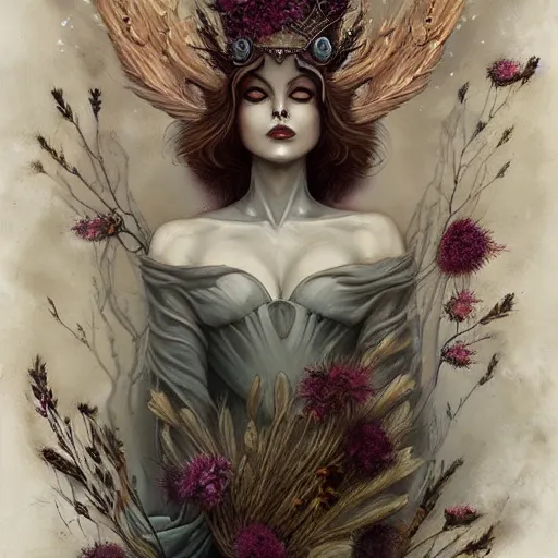 Image similar to fine art photo of the beauty goddess foxes, she has a crown of dried flowers, by peter mohrbacher