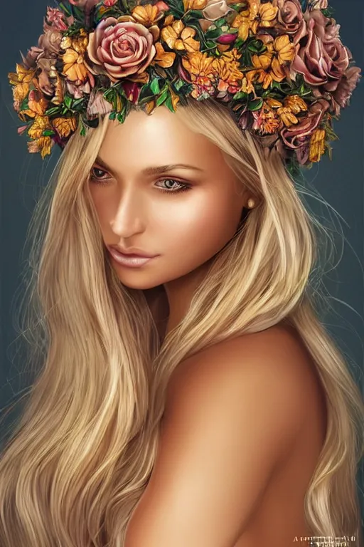 Prompt: a tanned girl with golden hair wears floral crown, stoic attitude, zenithal lighting, ultra detailed, highly detailed, sharp focus, golden background with flowers, photorealism, art by artgerm, Alina Ivanchenko, Rob Ross