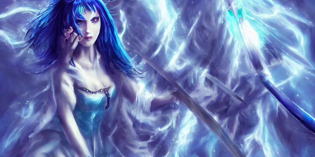 Prompt: the beautiful girl's blue hair dances with electricity, her sword a blade made of light, her blue eyes gazed upon the horde of monster in front of her fearlessly, with the elegance of a true knight, digital art