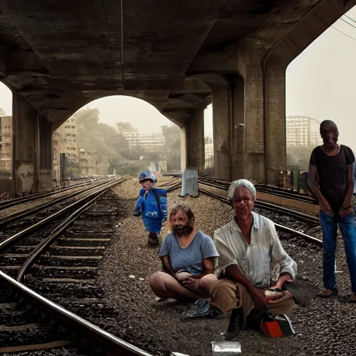 Prompt: poor people life under railway bridge, award winning, realistic, 4 k, hyper details, portrait by steve mccury and annie leibovitz and chindy sherman