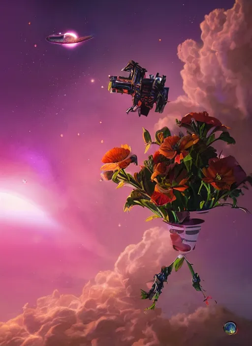 Image similar to An epic fantastic realism comic book style painting of the most beautiful flowers launched into space, bouquets, solar eclipse, fisheye, unreal 5, DAZ, hyperrealistic, octane render, dynamic lighting