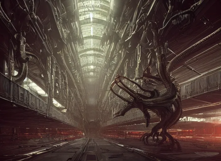 Prompt: sigourney weaver as a xenomorphic alien queen in a massive warehouse, twisting organic tendrils, haze, highly detailed hyper real retro interior high ceilings, retro futuristic, volumetric interior lighting, artstation, unreal engine render 8 k greg rutkowski