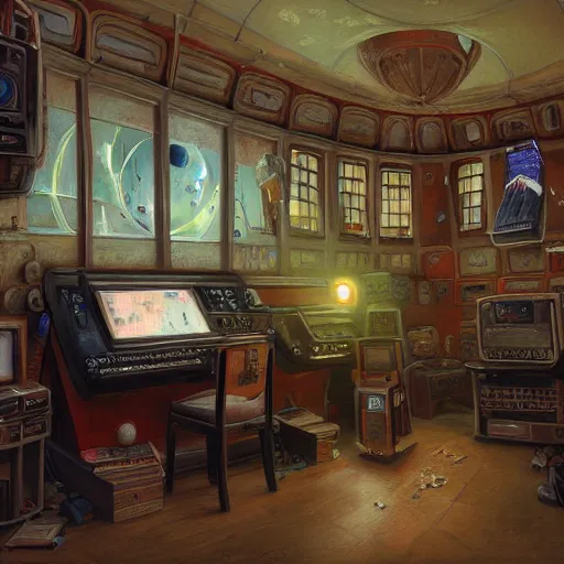 Prompt: detailed painting of a scifi recorder, interior with old computers, celestial ephemeral ornaments and greek architecture, artstation, norm rockwell in africa, cinematic