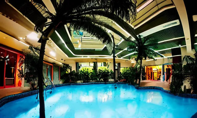 Image similar to indoor pool with ferns and palm trees at night, shops, pool tubes, chromatic abberation, dramatic lighting, dim lighting, horror lighting, depth of field, 80s photo, wideangle, fisheye