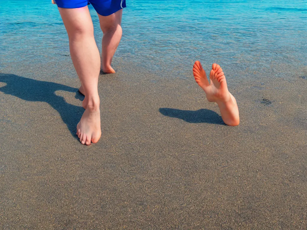 Prompt: Dory in real life with real human feet and legs walking toward you on the beach, 8k resolution