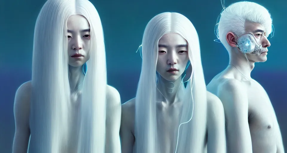 Image similar to portrait of yael shelbia and kang seul - gi, venus squid astronaut, white hair, intricate design details. cyberpunk symmetrical facial, by ruan jia and beeple. smooth gradients, deep space.