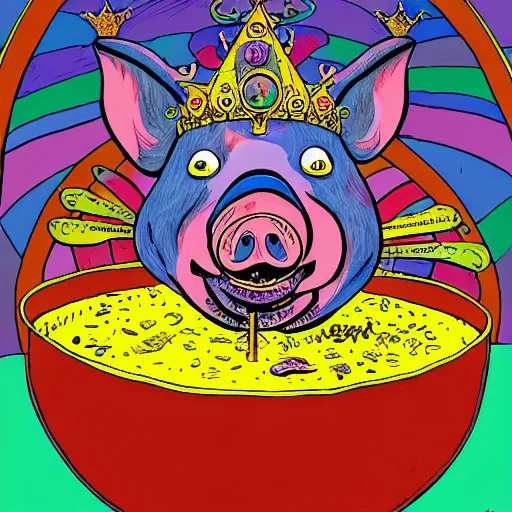 Prompt: trippy comic art of a pig wearing a gold crown eating out of an empty bowl, drawn by Martin Rowson, Tim Burton, Studio Ghibli, Alex Pardee, Nekro Petros Afshar, James McDermott, colors by lisa frank, unstirred paint, vivid color, cgsociety 4K