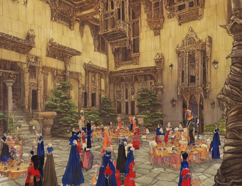 Image similar to great banquet in the palace courtyard. this oil painting by the award - winning mangaka has a beautiful composition, great sense of depth, dramatic lighting and intricate details.