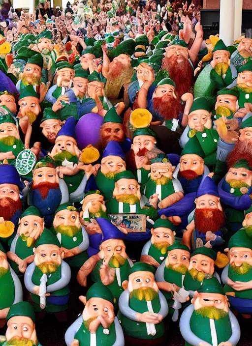 Prompt: an Irish party with hundreds of gnomes holding bananas