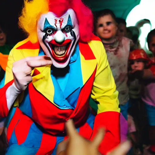 Image similar to evil clown performing at a party with crying children