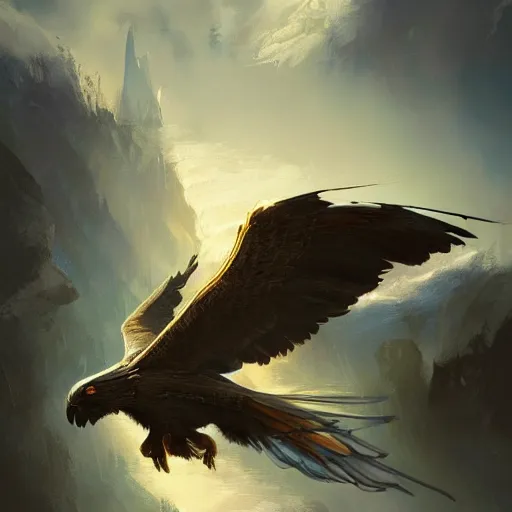 Image similar to A flying Gryphon, intricate, elegant, volumetric lighting, scenery, digital painting, highly detailed, artstation, sharp focus, illustration, concept art, ruan jia, steve mccurry