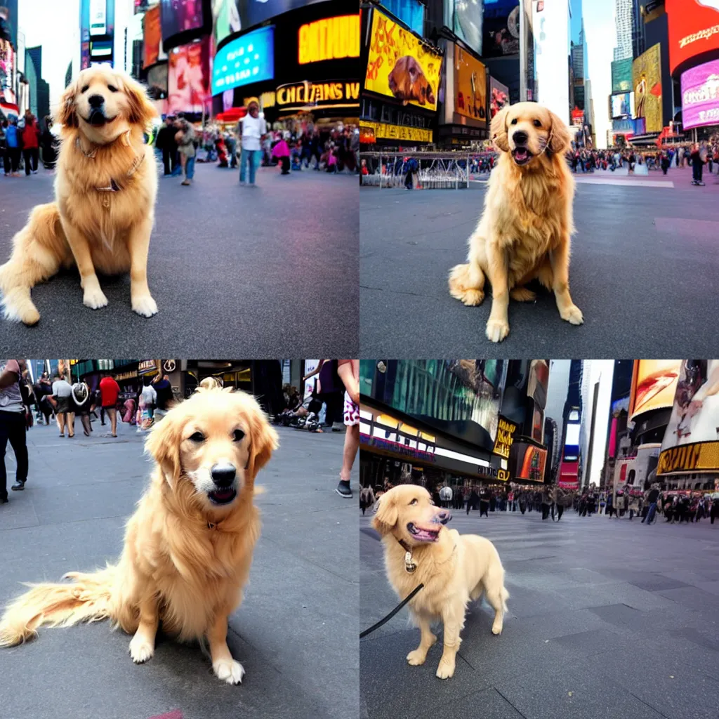 Prompt: a golden retriever dog wearing a circular sunglasses in times square