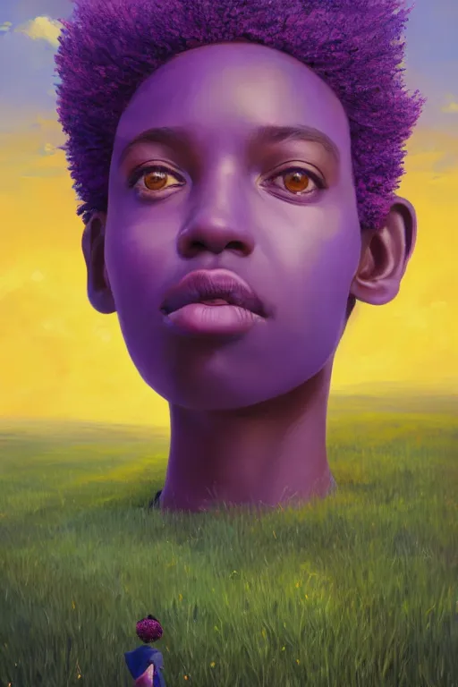 Image similar to portrait, giant lilac flower as head, black girl in heather field, surreal photography, golden hour, colorful clouds, impressionist painting, digital painting, artstation, simon stalenhag