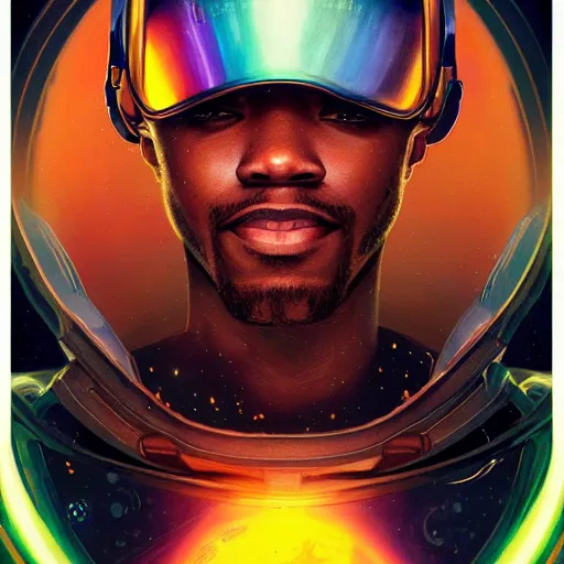 Image similar to scifi character portrait of Kid Cudi piloting a spaceship, light leak, rainbow spectrum, intricate, wild, highly detailed, digital painting, artstation, concept art, smooth, sharp focus, illustration, art by artgerm and greg rutkowski and alphonse mucha