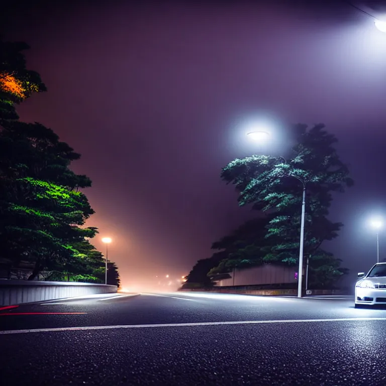 Image similar to close-up-photo JZX90 twin turbo drift middle of empty street, misty kanagawa prefecture, night, cinematic color, photorealistic, highly detailed,