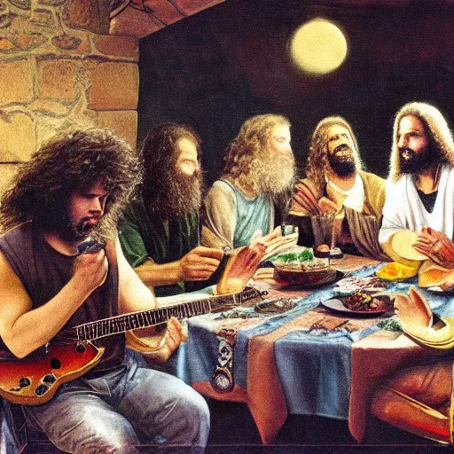 Prompt: Pat Metheny having dinner with Jesus Christ at a Mexican restaurant, highly detailed, high resolution, HD, cinematic