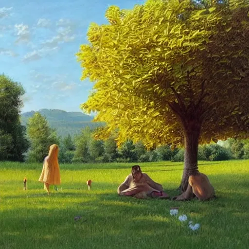 Image similar to Drawing. Conceptual art, the warm, golden light of the sun casts a beautiful glow on the scene, and the gentle breeze ruffles the leaves of the trees. The figures in the conceptual art are engaged in a simple activity, the way they are positioned and the expressions on their faces suggest a deep connection. Peace and contentment, idyllic setting. by Marc Simonetti, by Igor Zenin frightful