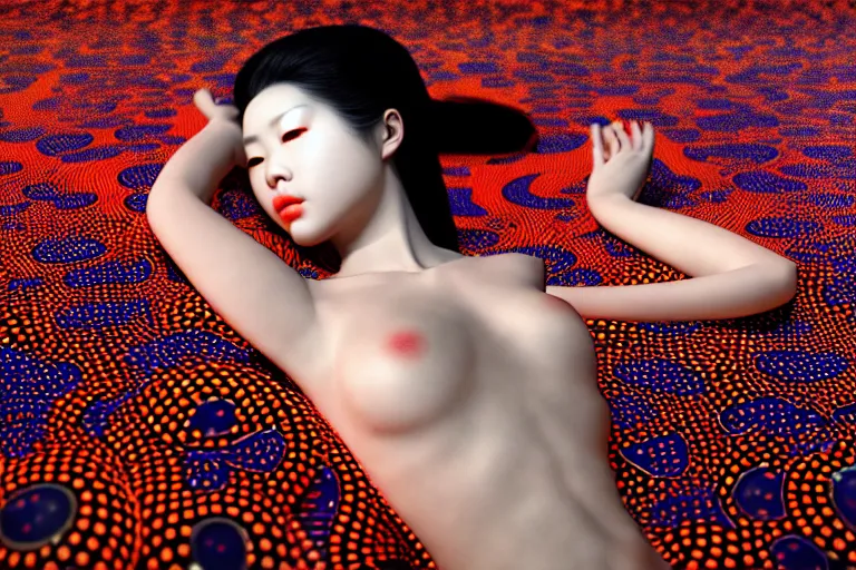 Prompt: hyperrealistic detailed image of a geisha laying in a art installation room, interior by yayoi kusama, part by kei mieno, part by alex gray, part by ross tran, part by james jean, ultra realistic, highly detailed, life like face, detailed body, 8 k, octane render, trending on artstation, very cohesive, masterpiece