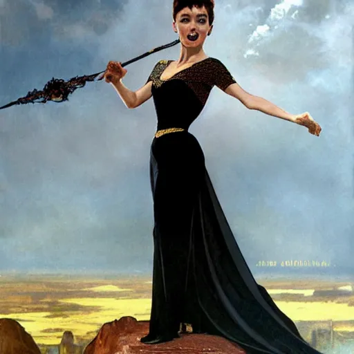 Image similar to an extremely detailed matte painting audrey hepburn as a powerfull sorceress in a resplendent black dress with gold and crimson trim and a long leg slit, in the style of magic the gathering, 8 k, sharp focus, detailed face, art by john collier and albert aublet and krenz cushart and artem demura and alphonse mucha