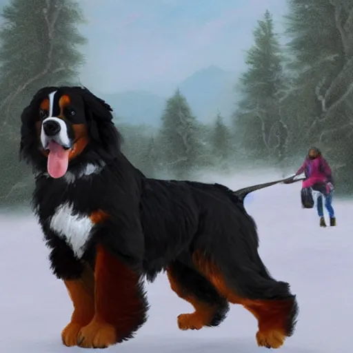 Image similar to girl riding giant Bernese Mountain Dog in the park, trending on artstation