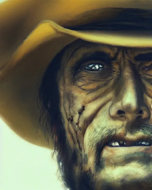 Image similar to a film still extreme close - up shot of an old cowboy outlaw in a desert by esao andrews. trending on artstation