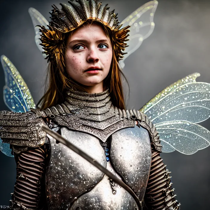 Image similar to full body photo of a fairy warrior wearing sparkly armour, highly detailed, 4 k, hdr, smooth, sharp focus, high resolution, award - winning photo