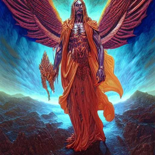 Image similar to photorealistic biblically accurate alien archangel the style of michael whelan and gustave dore. hyperdetailed photorealism, 1 0 8 megapixels, amazing depth, glowing rich colors, powerful imagery, psychedelic overtones, 3 d finalrender, 3 d shading, cinematic lighting, artstation concept art