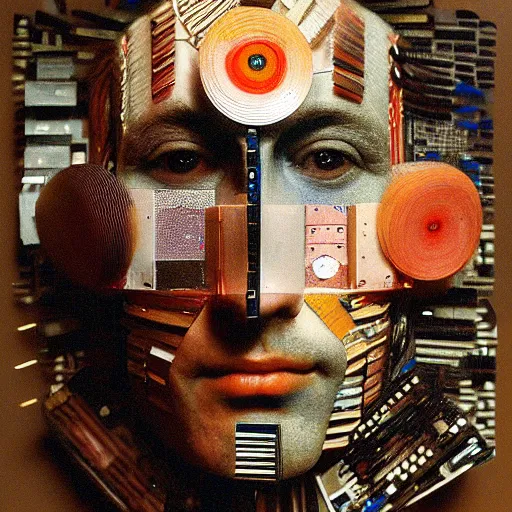 Image similar to portrait photo of a man with Iroquois made from video card parts, Perfect face, extremely high details, realistic, by Giuseppe Arcimboldo, Edward Hopper, Rene Margitte