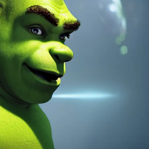 Image similar to shrek as superman in halo 5, splash art, movie still, cinematic lighting, dramatic, octane render, long lens, shallow depth of field, bokeh, anamorphic lens flare, 8 k, hyper detailed, 3 5 mm film grain