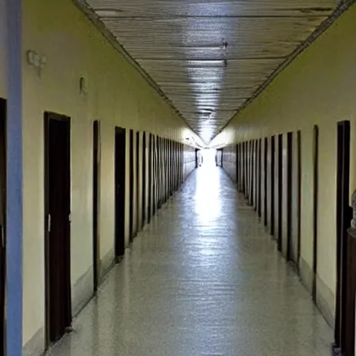 Image similar to In the bottom left corner of the picture of the long corridor, a woman's shoulder may be seen with her back to you. There is a shadowy figure down the corridor.