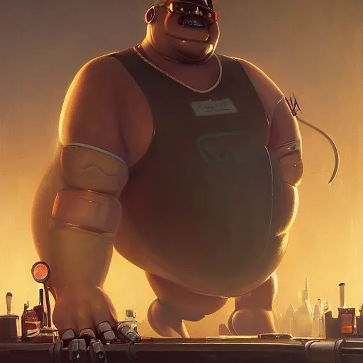 Prompt: portrait of an overweight cyborg barkeeper, robotic arms, ratz, neuromancer, bar background, painted by greg rutkowski, painted by igor kieryluk, high detail, dramatic light, digital art, trending on artstation