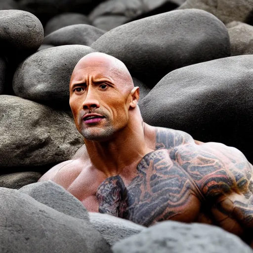 Prompt: dwayne johnson emerging from a pile of rocks. photograph.