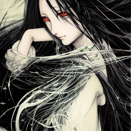 Prompt: yoshitaka amano blurred and dreamy illustration of an anime girl with black eyes, wavy white hair fluttering in the wind wearing elden ring armor with engraving, abstract black and white patterns on the background, noisy film grain effect, highly detailed, renaissance oil painting, weird portrait angle, blurred lost edges, three quarter view