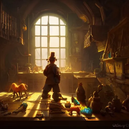 Image similar to A dusty toymaker’s workshop lit by a large glowing window, volumetric atmosphere with dramatic sunlight and shadows, hearthstone coloring style, artwork by greg rutkowski, epic fantasy style art, fantasy epic digital art, highly detailed, 8k resolution, hyperrealistic, Maya render.