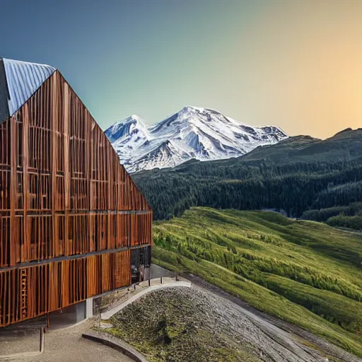 Image similar to architecture photo modern fachwerk wooden school with Elbrus mountain on the background, architecture, photorealism 8k , shining and happy atmosphere, uplight, high details