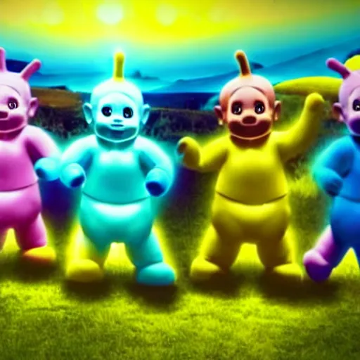 Prompt: A group of 4 Teletubbies, laughing as they make a human sacrifice for their demonic cult in their Teletubby temple. Highly detailed, rendered in unreal engine 5, daguerreotype portrait.