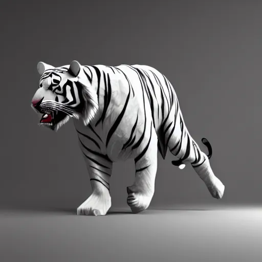 Prompt: a low - poly render of an all white tiger with no stripes in a dynamic action pose dwelling in the spirit realm, low poly 3 d, octane render, dramatic dreamlike lighting, all white render, no textures, angular energetic background elements, angular dynamic white rock floor, artgerm, unreal engine, artgerm, artstation, ross tran