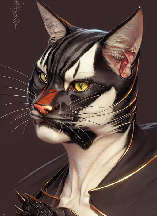 Image similar to tomcat with tuxedo markings, fantasy, intricate, elegant, hyper detailed, ultra definition, photoreal, artstation, unreal engine rendered, concept art, smooth, sharp focus, illustration, art by artgerm and greg rutkowski and alphonse mucha and garis edelweiss