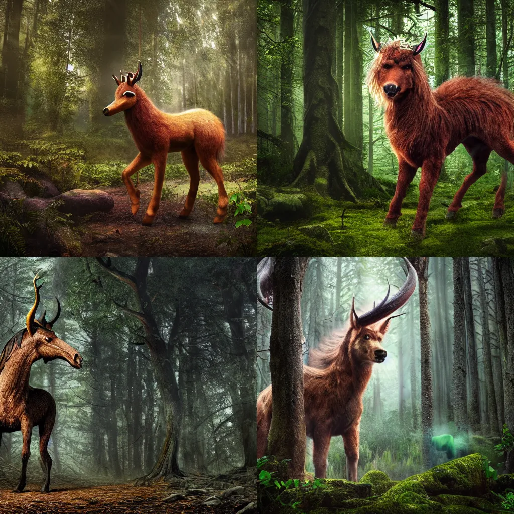 Prompt: Professional Photo Of A Mythical Beast In A Forest, 4K, Photorealistic, Extremely Detailed