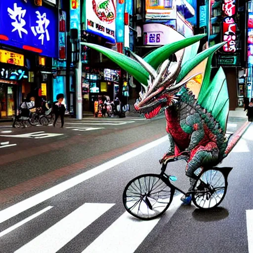 Image similar to a digital painting of a real dragon is riding a bike in the streets of Tokyo