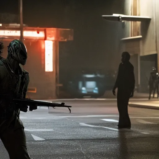 Prompt: the predator fighting tom cruise in collateral 4k movie still sulfur lights nighttime Los Angeles