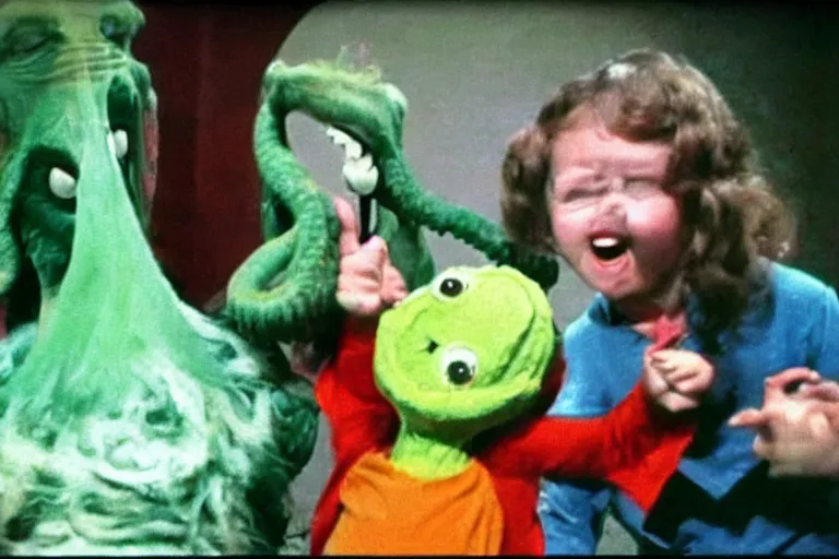 Prompt: full color frame from a live action 1972 kids show with Cthulhu and sad cheese puppet having a tickle fight with furry ghost