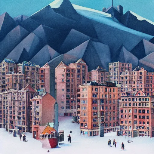 Prompt: a beautiful painting brutalist buildings making up a small city with crowds of people in an icy mountain by wes anderson, trending on artstation n - 8